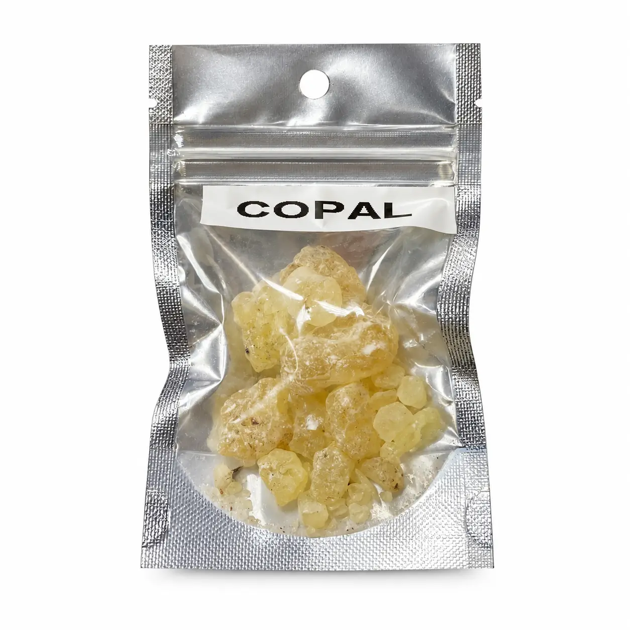 Copal Resin in a resealable pouch on a white background