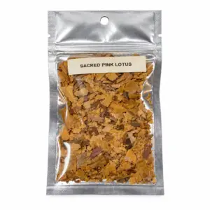 Sacred Pink Lotus in a resealable pouch on a white background