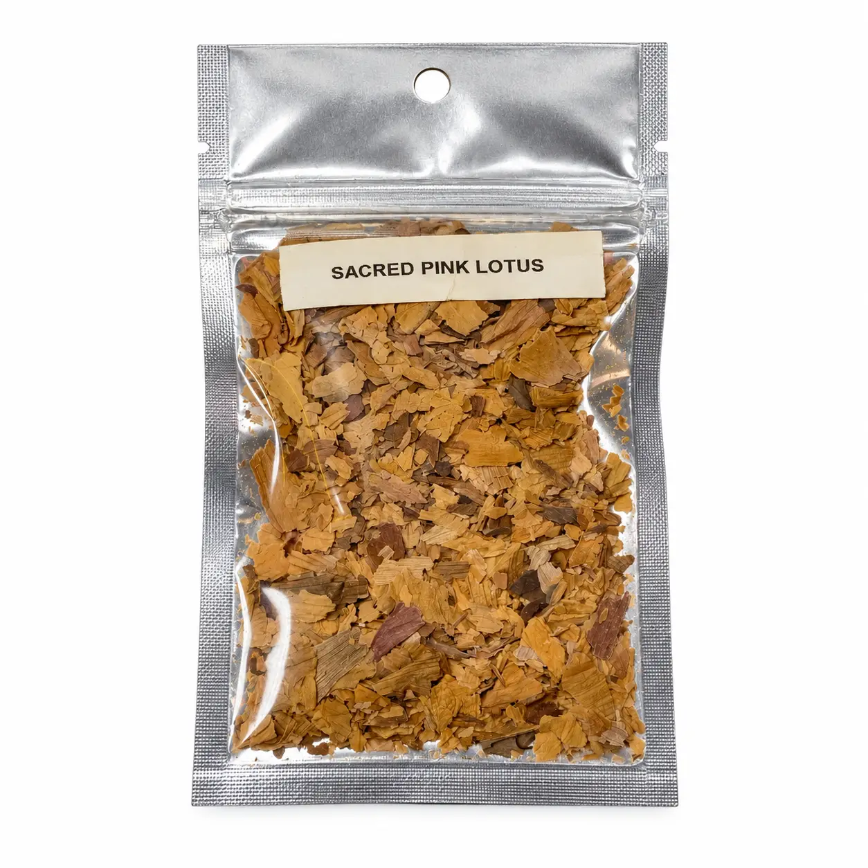 Sacred Pink Lotus in a resealable pouch on a white background