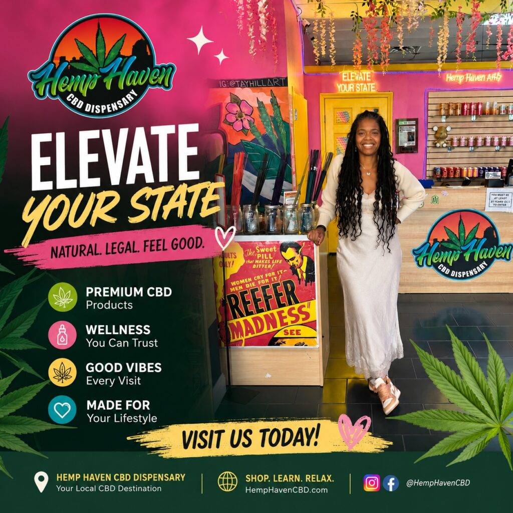 Diana Padron smiling in Hemp Haven ATL beside the Elevate Your State display