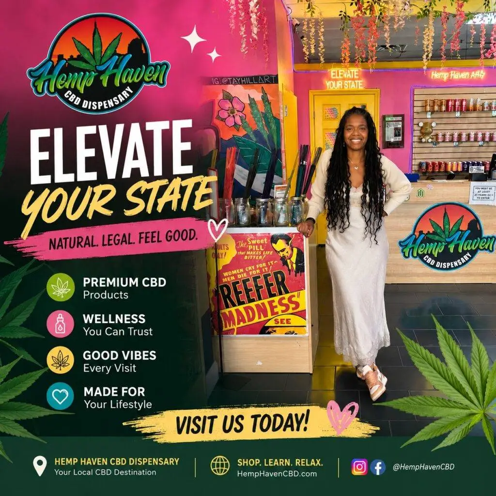 Diana Padron smiling in Hemp Haven ATL beside the Elevate Your State display