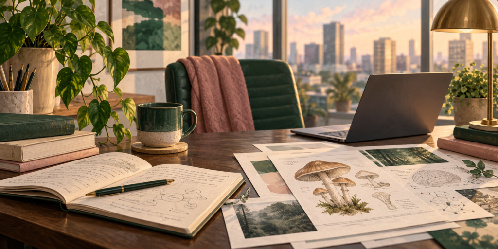 Editorial illustration of a desk with a laptop, notebook, and mushroom research pages