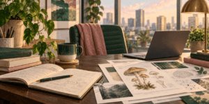 Editorial illustration of a desk with a laptop, notebook, and mushroom research pages